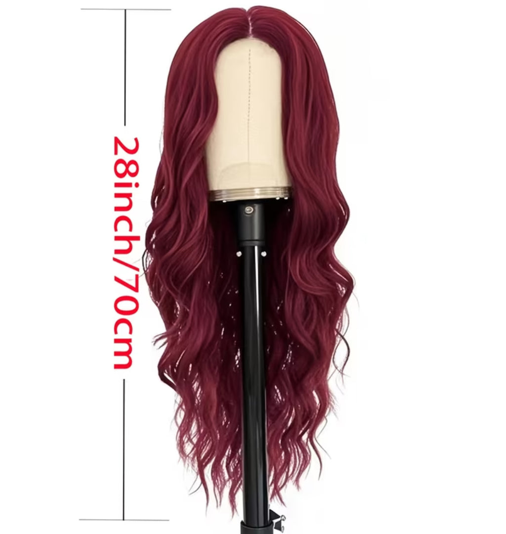 Elegant long wine red curly wave wig