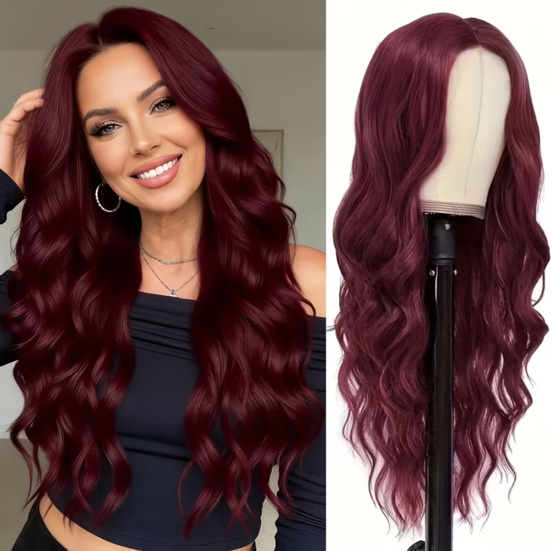 Elegant long wine red curly wave wig