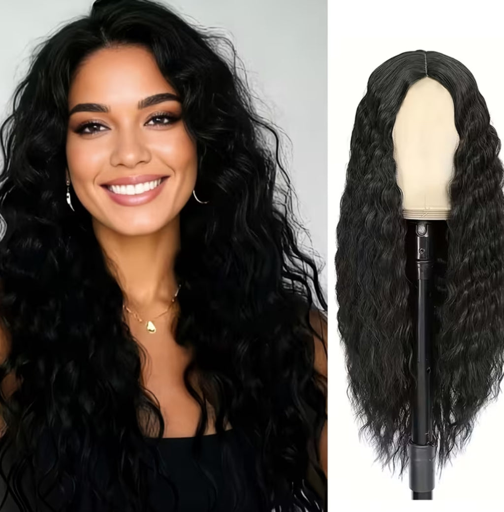 Long Black Deep Wave Wig