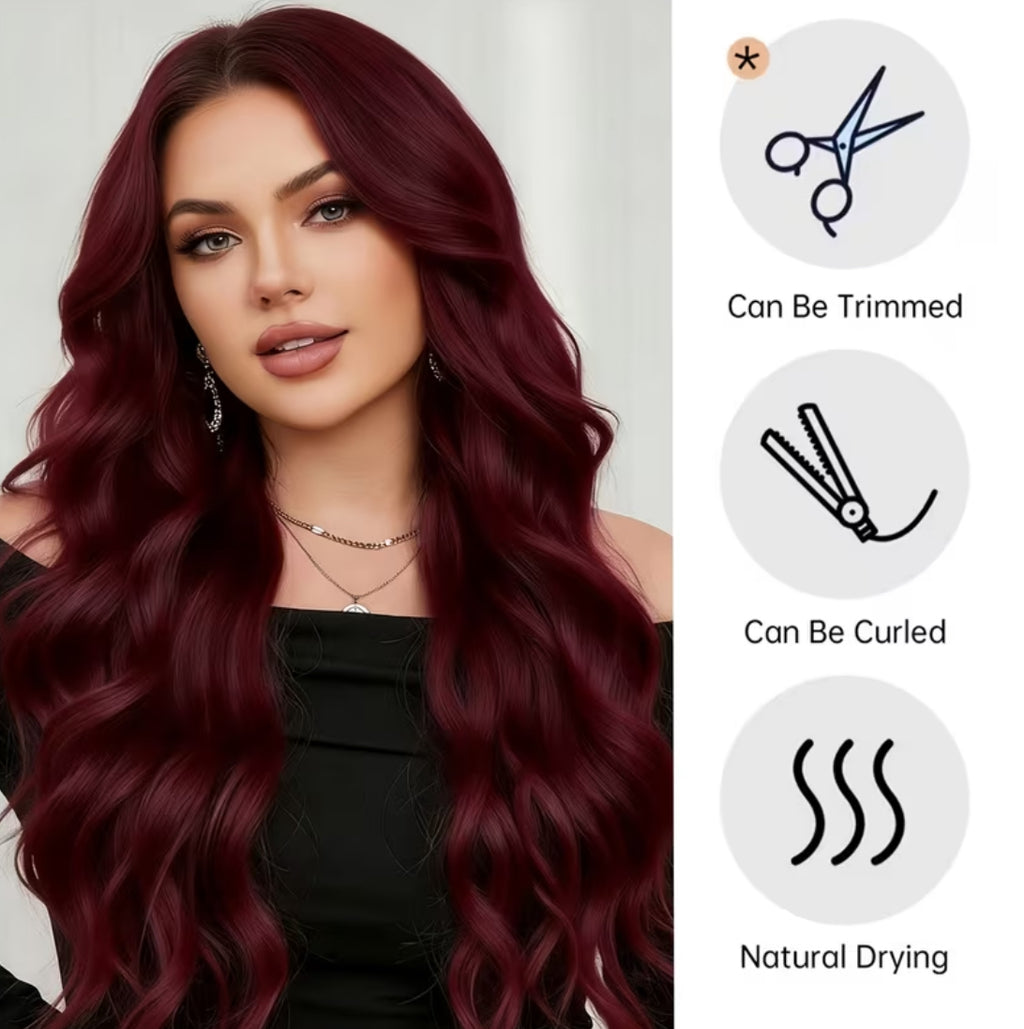 Elegant long wine red curly wave wig